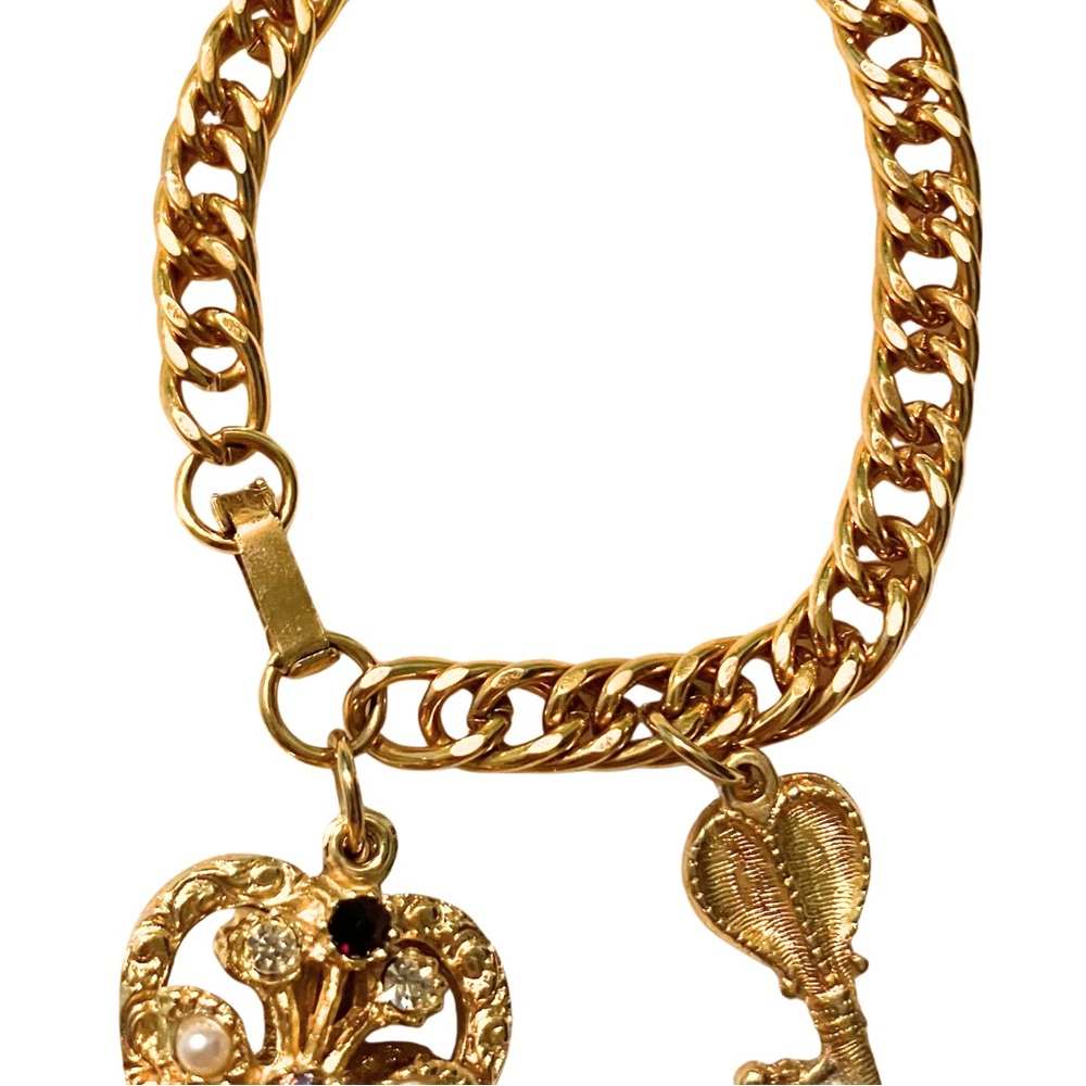 Vintage 70s Gold Tone Coquette Charm Bracelet Heart Key Victorian AB Pearl 6.5” - Picture 6 of 6